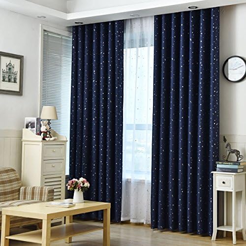 Momolovehouse Opaque Blackout Curtains with Eyelets Asterisk Stars Curtains Scarf 2 Pieces (H175 X B140 (CM) (Dark Blue / Navy blue)