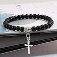 COJJ 6mm Boho Natural Blue Turquoises Beads Bracelet Men Cross Pendant Black Volcanic Stone Strand Bracelets for Women Charm Jewelry,Matte Black