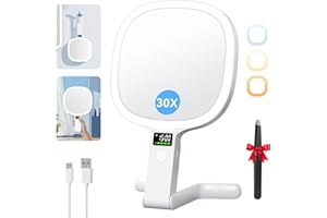 ‎AUXMIR Auxmir Kosmetikspiegel mit Beleuchtung LED Display für Zeit/Akku/Helligkeitsstufe, Doppelseitig 30X/1X Schminkspiegel mit 3 Farben, Faltbar Tragbar Reisespiegel Tischspiegel USB Aufladbar, 2500mAh