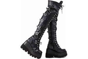 Gothniero Black Platform Boots Over Knee Thigh High Goth Boots for Women Chunky Heel Rave Motorcycle Boots with Buckles Side Zip Lace Boots Size3-8UK