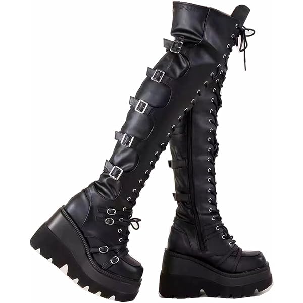 Stivaletti Con Zeppa Gothniero Stivali Neri Con Plateau, Sopra Il Ginocchio, Alti Fino Stivaletti Combattimento Zip Laterale Neri
