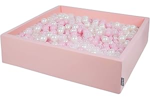 KiddyMoon Piscina De Bolas 120X30cm/300 Bolas El Cuadrado Grande para Ninos,Hecha En La UE, Rosa:Rosa Claro/Perla/Transparente