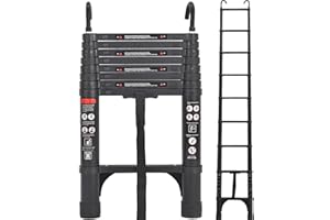Exleiter Aluminum Telescoping Ladder, 2.6M/8.5FT Portable Extension Ladder with 2 Detachable Hooks Extendable Folding Anti-Slip Loft Ladder with Certificate EN 131, Black