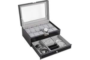 HAITRAL Watch Box Mens Watch Case Organizer 12 Slot Double-Layer PU Leather Jewelry Display Drawer Glass Top with Lock, Black