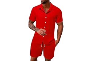 POIUIYQA Conjunto de vestido para hombre de verano de lino transpirable de color liso con solapa y pantalones cortos para hombre