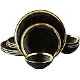 Pokini Matte Black Porcelain Dinnerware Set 12 Piece Service for 4, Dishes, Round Plates, Bowls, Golden Rim Dish Set for Home Decor
