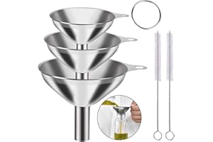 AIDSHUNN 3 Pcs Stainless Steel Funnels Food Grade Metal Funnel Set No Spilling Small Medium Large with Cleaning Brushes for Transferring Liquid, Essentail Oil, Spices, Flask, Perfume (1.7Inch/2.2Inch/2.9Inch)