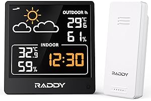 Raddy WF-50T Estación meteorológica inalámbrica, Termómetro higrómetro para interiores y exteriores, monitor de temperatura y humedad, batería, 5" TN pantalla, pronóstico del tiempo (Negro)