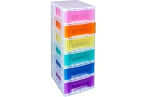 Really Useful Box Plastic Storage Slimline Tower 6x3.5 Litre Clear Frame with Rainbow Drawers