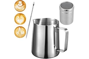 ANSWAILY Milk Frothing Pitcher 20oz/600ml, Stainless Steel Creamer Cup, [ 16 Coffee Stencils + Latte Art Pen ], Powder Shaker for Making Coffee Cappuccino Hot Chocolate Machine