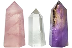 MINA HEAL Set di 3 bacchette di cristallo curative, appuntite, prisma sfaccettato, bacchette per reiki, chakra, meditazione e terapia, decorative (quarzo rosa, quarzo trasparente e ametista)