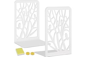 Qualsen 2 Pieces(2 Pairs) Book Ends, Tree and Bird Bookends, Book Ends for Shelves, Duty Metal Bookend，Book Stopper for Home Office Desk, Back to School Supplies (White)