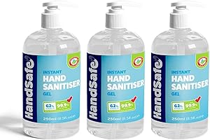 Instant Hand Sanitiser Gel Pump from Handsafe, Kills 99.9%+ Bacteria, 62% Alcohol Based, Medical Grade, Anti Bacterial Fast Acting Formula, 3 x 250ml, Packaging May Vary
