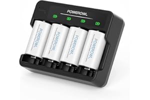 POWEROWL Akumulator D z 4 ładowarkami, ładowarka do akumulatorów LCD, szybkie ładowanie USB, do AA AAA C D NI-MH NI-CD, wielokrotnego ładowania, 4 sztuki