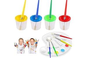 DIYASY Paint Cups with Brushes Set, 4 PCS Spillproof Paint Pots with Lids and Four-colored Hog Bristle Paint Brushes for Beginners Kids School Supplies (Free Paint Palette)