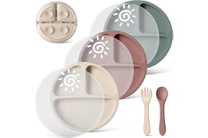 Baseola Silikon Baby Teller mit Saugnapf und Deckel, Sonne Muster Geteilte Kindergeschirr Set mit Gabeln und Löffel, BPA-Frei Kinderteller, 3 Stück (Dunkelgrün, Ziegelrot, Beige)