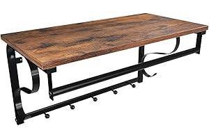 ‎VASAGLE VASAGLE regał ścienny z 5 haczykami i półką, w stylu industrialnym, listwa z haczykami z drążkiem wiszącym, do przedpokoju, sypialni, łazienki i salonu, vintage, czarny LCR11BX