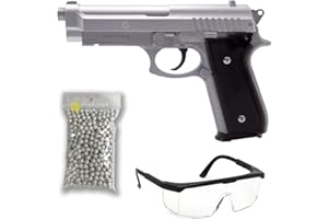 2EAGLE Pack Airsoft Pistolet modèle PT92 Silver à Ressort/matière: Plastique Haute résistance et Culasse métal/Puissance 0.5 Joule/livré avec Accessoires 21x14.5x3.3 cm