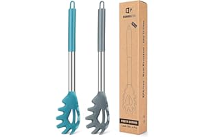 BUNDLEPRO Juego de 2 Tenedores Grandes de Pasta de Silicona, Cuchara para Fideos, Servidor de Espaguetis, Multifuncional Utensilios de Cocina（Gris-Azul）