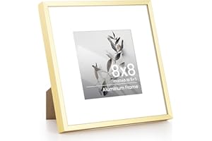 FEIHORRM 8x8 Photo Frame, Aluminium Gold 8x8 inch Picture Frame, 8in Square Frame with Mount for 5x5 Inch with Tempered Real Glass, Tabletop & Wall Mounting Display Poster Frame for Home & Wall Decor