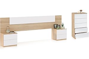 duehome | Pack de Dormitorio con Cabecero + 2 mesitas de Noche y Comoda, Conjunto de Dormitorio, Modelo Akari 5C, Acabado en Blanco Artik y Roble Canadian