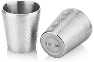 Hejo 2 Piezas Vasos Acero Inoxidable, 300ml Taza Camping de Metal de Pulido Martillado, Taza Acero Inoxidable Antideslizantes Doble Apilable Reutilizable para Cerveza, Zumo, Agua (Plata)