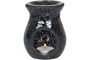 IZEERA Black Crackle Glass Oil Burner- Small, Lustre Mosaic Wax Melt Burner Single Tea Light Candle Holder Aroma Gift Lamp, for Women Men