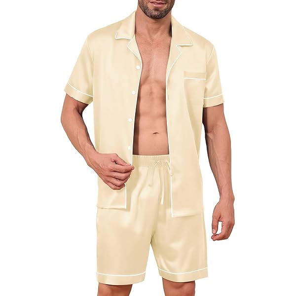 RuanMM Satijnen pyjamaset met korte mouwen, zijdeachtige pyjamabroek RuanMM Satijnen pyjamaset met korte mouwen, zijdeachtige pyjamabroek
