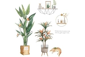 PPMTER Stickers Muraux De Plantes En Pot Vert, Plantes Tropicales Décalques Muraux De Chat Pour Salon Familial Fond De Décoration Murale Fond D'écran