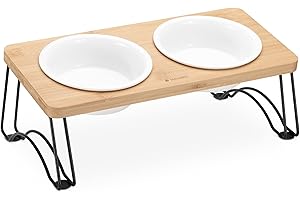 Navaris 2X Ciotole Porcellana 300-350 ml 1x Supporto Stand Portaciotole Legno bambù Metallo - Alzaciotole Cibo Secco Umido Cani e Gatti 34x16x13,8 cm