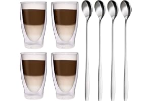 FILOSA Action : 4 x 370 ml paroi verres et 4 cuillères en acier inoxydable 18/10-verres grands verres/verres à thé/bormioli et verres : 4 x 370 ml élégant extra large feelino lot de 4 verres + 4 cuillères