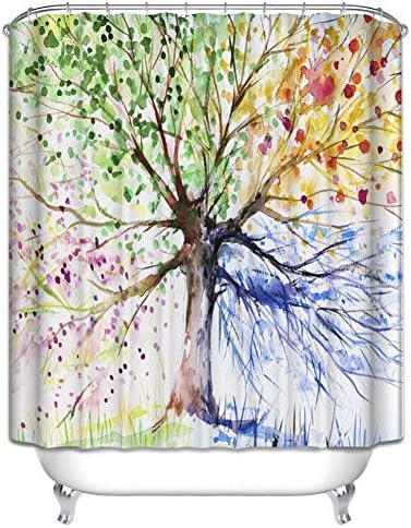Waterproof Polyester Fabric Bathroom Shower Curtain, Qile Mildew-Resistant Anti-Bacterial 3D Digital Printing Pattern Shower Curtains with 12 Ring Hooks, 180 x180cm (Colorful Tree Four Seasons)