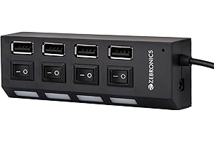 ZEBRONICS 150Hb 4 Port USB Hub with Dedicated On/Off Switch, Led Indicators, 45Cm Cable Length, Optional Power Input Port, Multi Device and Plug Play Usage