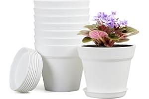 Homeuouz 8 Packs Blumentopf mit Untersetzer, 10cm Pflanzentopf, Plastik Übertopf mit Mehrere Ablauflöchern, Hydrokultur Topf, Blumentöpfe Set Ideal für Innen und Balkongärten,Weiß