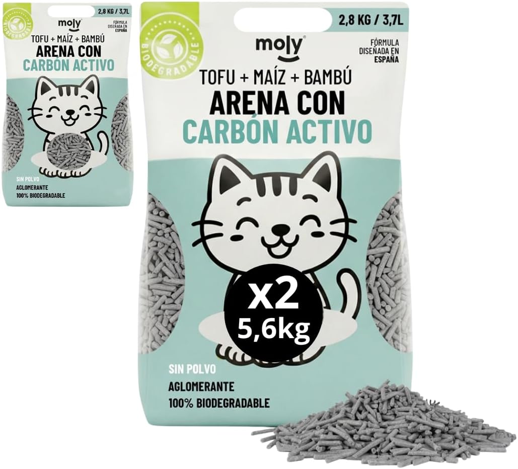 MOLY x2 Arena para Gatos Carbón Activo Biodegradable 5,6 KG 7,4 L | Arena Ecológica Vegetal de Bambú y Maíz Aglomerante | Alta Absorción y Bajo Polvo | Lecho Natural Compostable | Control de Olores