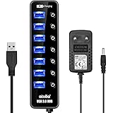 Atolla Hub USB 3.0 7 Ports Multi Port USB alimenté avec Interrupteur indépendant et 5V/3A 15W Adaptateur Alimentation -Noir