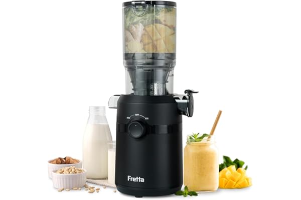 Extracteur de Jus, Fretta Extracteur de Jus de Fruits et Légumes Entiers, Grande Ouverture de 108mm Slow Juicer, 1L Capacité, Pression à Froid, Facile à Nettoyer, Sans BPA, 200W(Noir Mat)