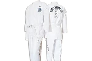 KUXUAN ITF Taekwondo Uniform Kinder Erwachsene Gestreifter Stoff Karate Gi Judo Anzug für Wettkampf und Training,White-180