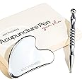 Rena Chris Stainless Steel Gua Sha and Acupuncture Pen, Manual Reflexology Tools for Muscle Tension and Pain Relief, Acupressure Pen and Gua Sha Set with Reflexology Chart, Easy to Use
