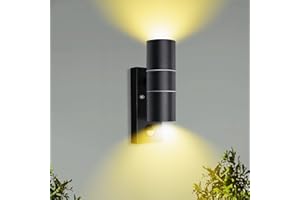 Unikcst Outdoor Wall Lights Mains Powered PIR Motion Sensor Up Down Outside Lights IP44 Black for Patio Front Door Porch, Incl. 2X 5W LED GU10 Bulbs Warm White