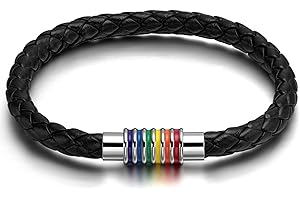 Flongo LGBT skórzana bransoletka, stal szlachetna, bransoletka skórzana, mankiet, linka, czarna, pleciona, tęczowa, paski, Gay Pride Schwul Homosexual Homoseksual, zapięcie na magnes, dla kobiet i mężczyzn