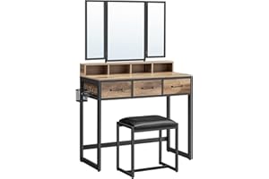VASAGLE Toeletta con sgabello imbottito, tavolo da toeletta con triplo specchio, 3 cassetti, porta asciugacapelli cosmetico stile industriale, marrone rovere/nero RVT004B50