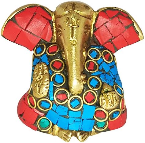 Edivine Ganesha Sitting Brass with Antique Finish Statue/ Antique Red &amp; Blue color Stones Ganesh Sculpture