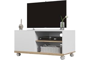 HOMCOM Mobile TV 42" Max con Ruote, Mobile TV Soggiorno in Truciolato con 2 Ripiani Aperti e Anta, 80x45x39.5 cm, Bianco