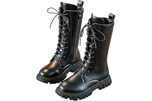 GENERIC Girls Lace Up Riding Boots Mid Calf Combat Boots PU Leather Waterproof Fall Winter Side Zipper Punk Goth Boot Fashion Punk Non Slip Cowgirl Fleece Lined Solid Color 4-11 Years