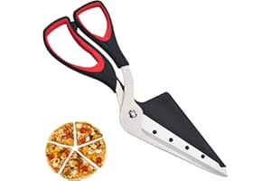 FADRUN Tijeras para Pizza, Cortador de Pizza con Pala, Hoja de Acero Inoxidable Afilada de Calidad Alimentaria y Mango de Agarre Suave, Tijeras de Cocina Multifuncionales, 28CM,Negro/Rojo
