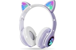 AXFEE Auriculares Inalámbricos para Niños, Auriculares con Orejas de Gato con Luz Led, Auriculares Plegables para Niños con Micrófono, para Móvil/Tableta, Regalo de Cumpleaños/Navidad(Morado)