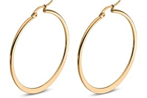 MESNT 1 Paires Boucle d'Oreille Créole, Créoles Grand cercle plat en Inoxydable pour Homme Femme, Argent, Noir, Or, Or Rose