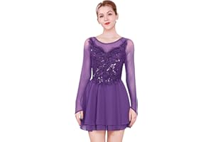 FYMNSI Vestido de baile para mujer, patinaje artístico, manga larga, vestido de danza con lentejuelas y flores, falda de gasa, vestido de ballet