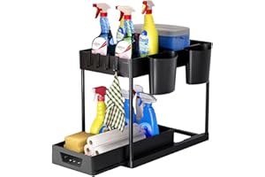 Wintem - Organizer Sottolavello Cucina a 2 Ripiani con Cestelli e Ganci per Ottimizzare Spazio in Bagno e Cucina, Facile da Montare, Ideale per Detergenti e Accessori di Uso Quotidiano